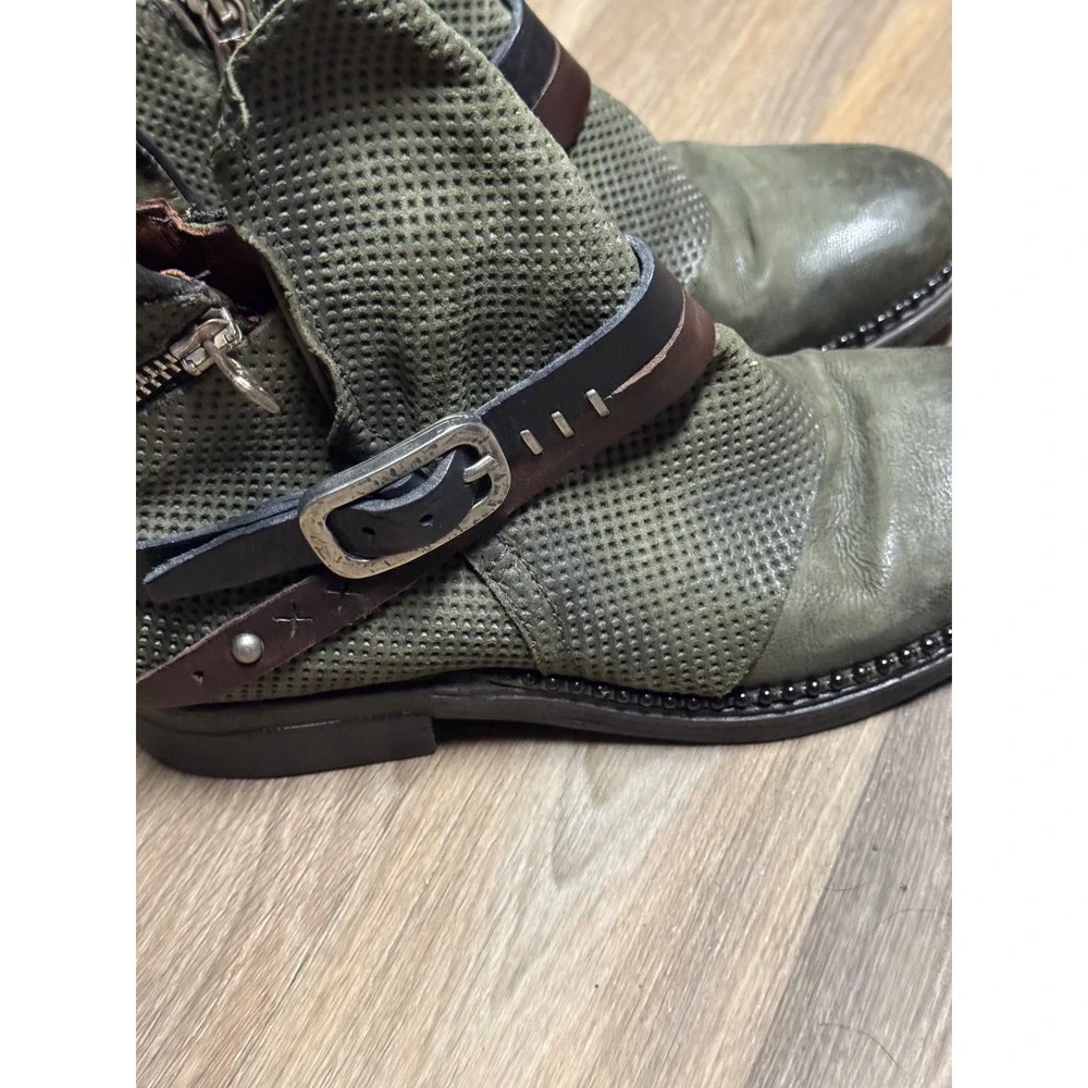 A.S.98 Airstep leather biker ankle boots Green Perforated Buckle Strap Womens